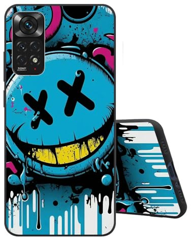 Sinyunron Handyhülle Kompatibel mit Redmi Note 11 4G Hülle Silikon Schwarz Matte Rückseite mit Muster,Weiche Stoßfest Kratzfest Schlanke TPU Softschale Schutzhülle,Blaues Emoji