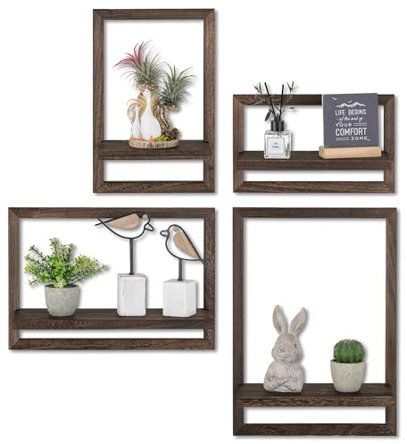 Walasis Wandregal Holz Wanddeko Wohnzimmer: 4er Set Regale Wand Schweberegale Regalbrett Wandboard - Rustikal Wand Deko für Schlafzimmer (Dunkelbraun)