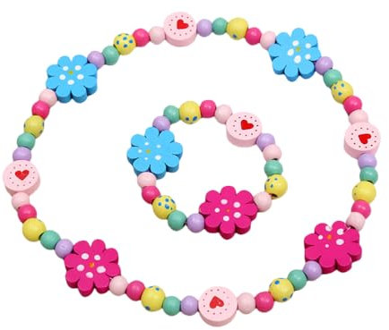 Damaiyyy Holz Kinder Schmuck Set,Blume Freundschaftsarmband Blume Perlen Halskette und Armband Geschenk für Mädchen Geburtstag Party Dress Up Kostüm Zubehör