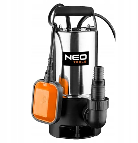 NEO TOOLS Schmutzwasser Tauchpumpe Edelstahl (18.000l/h Fördermenge, 9,5m Förderhöhe, 1100W, 25mm Korngröße) Schmutzwassertauchpumpe - mit Anschlüssen für Wasserrohre mit Durchmesser 1 und 1 1
