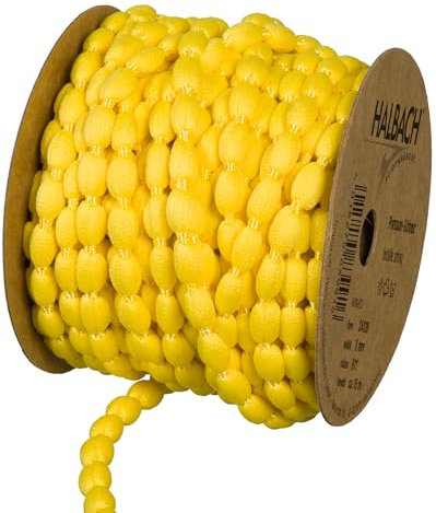 Halbach Seidenbänder Pompom Borte | Breite 8mm Länge 15m | Band mit Bommeln als Pompons-Girlande, Hochzeitsdeko, Gartenparty Deko | Farbe: gelb