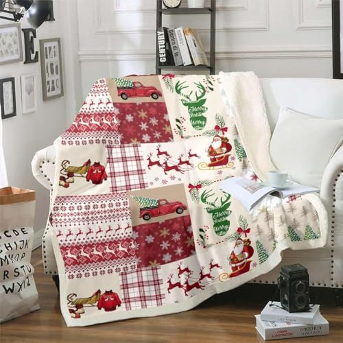 Homewish Weihnachtsdecke 150x200, Weihnachtsbaum Weihnachtsmann Hirsch Fleece Rot Büffelkaro, Winter Urlaub Sherpa Schneeflocke Dekor, Rot Grün