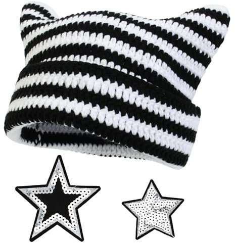 ZOCONE Mütze Mit Ohren Cat Beanie Damen Mütze Katzenohren Strickmütze mit 2-Sterne-Stickaufkleber Winterwarme, Dehnbare Wintermütze für Damen (Schwarz und Weiß)