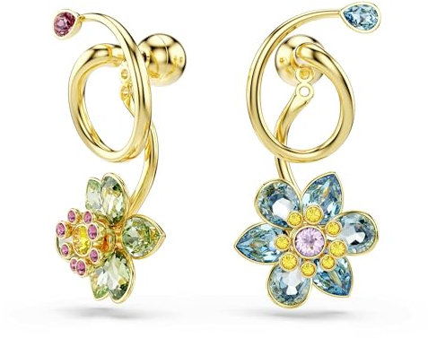 Swarovski Idyllia Drop-Ohrhänger, Asymmetrisches Design, Verschiedene Schliffe, Blume, Mehrfarbig, Goldlegierungsschicht