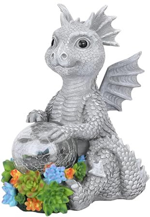 FIYSON Drachen Figuren Gartendeko Für Draußen,Drachen Ornamente Harz Solarleuchten,Lustig Dragons Deko Garten Mit Solar Ball,wasserdichte Kunstharz Dekofigur Für Hof Rasen Terrasse (Stil 2)
