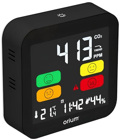 CO2 Melder Messgerät Luftqualitätsprüfer, Kohlenstoffdioxid Sensor Messung PPM, Co2 Anzeige mit Smiley Ampelanzeige, Raumluft Lüftungsempfehlung Alarm, Wecker, Thermometer, Luftfeuchtigkeit Hygrometer