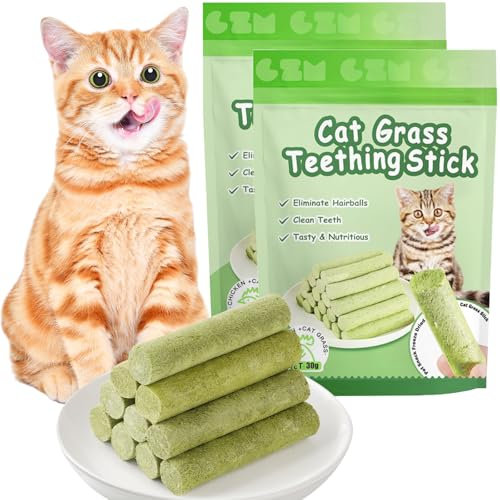 OSDUE Bâton d'herbe à Chat, 12 pcs Bandes Bâton Chats de Dentition d'herbes à Mâcher Dentition lyophilisé Comestible pour Le Nettoyage des Dents et Élimination des Boules de Poils pour Chat
