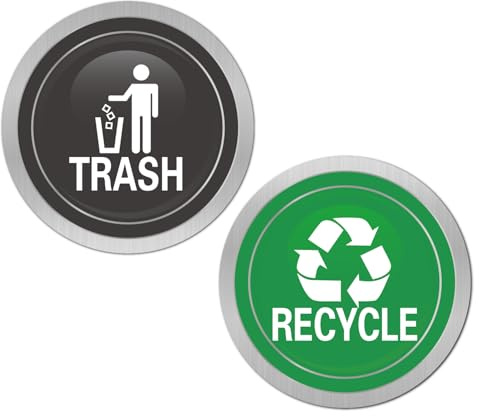 Recycle and Trash Magnets for Kitchen Cans and Recycling Bins | Silver Brushed Trash and Recycle Magnet Combo for Garbage Can Logo Symbol,Outdoor Waste Bin,5.5 Inch (Round)