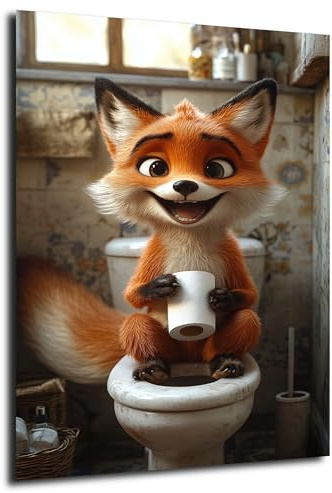 DRO Design Fuchs Wandbild 50x70 cm – Lustige Baby-Tier Wandkunst für WC, Gäste-WC & Bad - Witzige Deko, humorvolles Motiv, Geschenk für Tierliebhaber und Badezimmergestaltung.