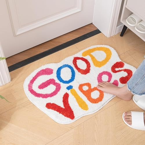 Bazasa Good Vibes Bad Teppiche Lustige Badematte mit niedlichen Worten Coole Teppiche für Badezimmer rutschfeste Mikrofaser Waschbar Saugfähige Duschmatte für Schlafzimmer Küche Wohnzimmer