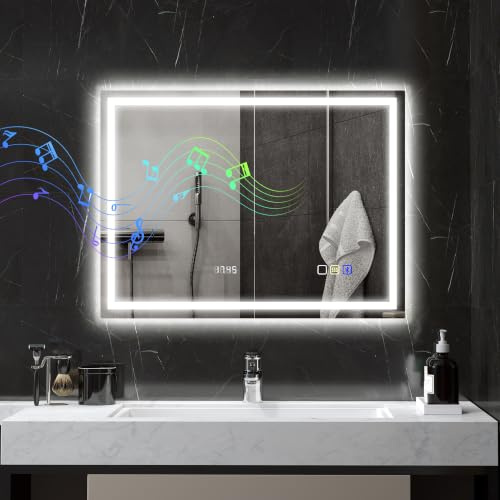 HOMCOM Miroir Salle de Bain Bluetooth avec Éclairage LED 60 x 80 cm Argent | Miroir Lumineux Salle de Bain Mural, Interrupteur Tactile, Lumière Réglable 3 Couleurs, Anti-Buée, Mémoire