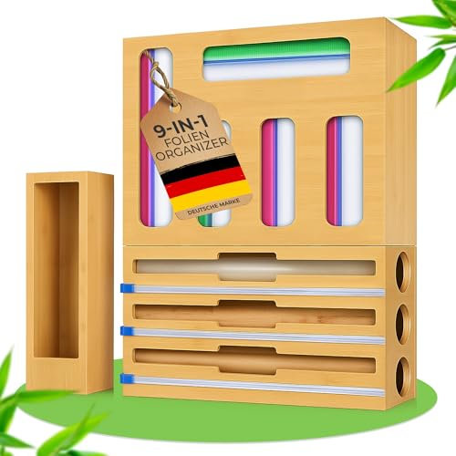 9-in-1 Folienorganizer aus Bambus | Folienschneider für Frischhaltefolie, Alufolie & Küchenrolle | Praktischer Wandrollenhalter Spender für Küche mit scharfen Klingen | Beutel, Zipper Aufbewahrung