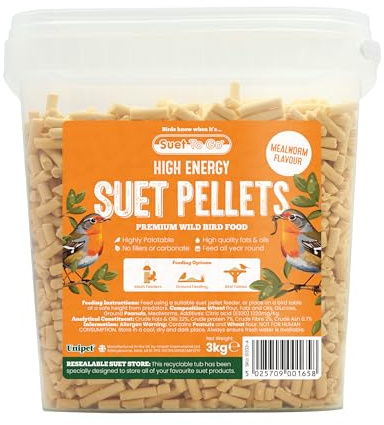 Suet To Go Mealworm Suet Pellets Tub 3kg - High Energy Wild Bird Food, Protein & Fat, Attracts Robins & Tits