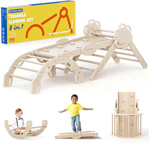 COSYLAND 8 en 1 Triángulo de Escalada Montessori con Arco y Rampa, Set Plegable Infantil, Juguete de Madera Resistente para Interior, Niños 18 Meses-6 años, Natural/Madera Clara, Grande