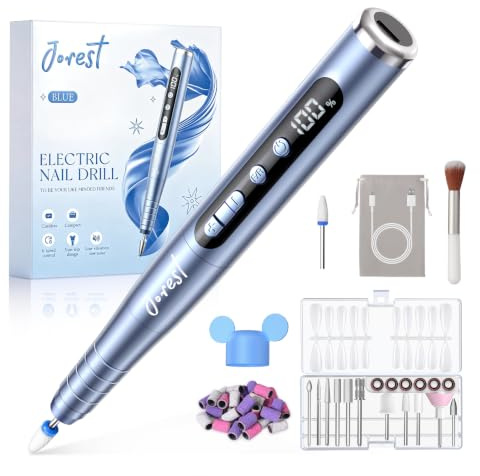 JOREST Cordless Electric Nail File with 6 Speeds, LED Display, 35,000 RPM, Rechargeable Nail Drill for Beginners, Suitable for Acrylic Gel Nails, Comes with Drill Bits and Abrasive Bands, Aqua Blue