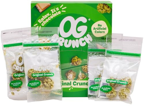 OGEEZ KRUNCH – Knusper-Schokolade in Weed-Optik | Weiße Schokolade mit Matcha & Chlorella | Lustiges Geschenk | Süßigkeit & Gag Snack | 36 Beutel à 10 g (360 g Gesamt)