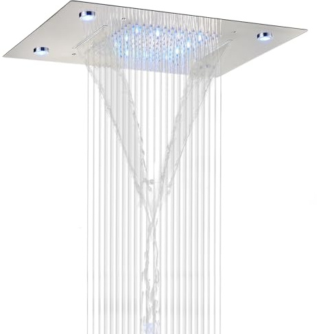 POADGBCN Soffione Doccia Rettangolare a LED da Incasso a soffitto Doccia a Cascata Multifunzione con Getto a Pioggia per Bagno(Brushed)