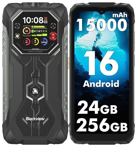 Blackview ROCK 1 Rugged Smartphone Android 16, 15000mAh 33W Rugged Phone Unlocked, 24GB + 256GB, Dual AI Cameras + 20MP Night Vision, 6.56 HD+ 2.01 Dual-Screen, IP69K/NFC/Glove Mode Waterproof Phone
