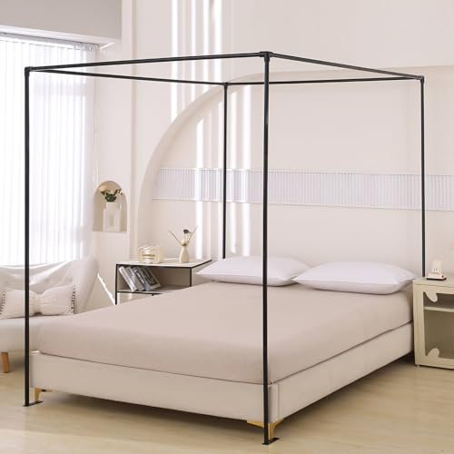 Beyeutao Doppelbett Baldachin Rahmen Schwarz Moskitonetz Rahmen B135×L200×H200cm Vier Ecken Pfosten Baldachin Bett Bett mit Basen 4 Poster Bettrahmen für Spielzelt Outdoor oder Indoor
