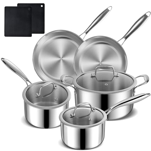 10pcs Stainless Steel Pot and Pan Set – Induction Hob Pots and Pans Non Stick – 24cm Casserole with lid, Saucepan with Lid and Frying pan, PFOA Free Kitchen Cookware Set, Oven Safe