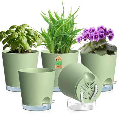 WSMKSZ 15cm Self Watering Pots Indoor Outdoor, 5 Pack Plant Pots, Green | 6 inch Plastic Flower Pots with Clear Reservoir, Visible Water Level & Drainage Holes, Cotton Wick, for House Plants
