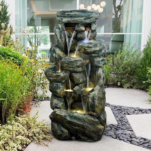 Fontaine de Jardin Art-Pond Galdur | Grande Taille 70x145,5 cm | Éclairage LED Blanc Chaud & Pompe 1500L/h Incluses | Polyrésine Gris Roche | Circuit Fermé pour Extérieur/Intérieur