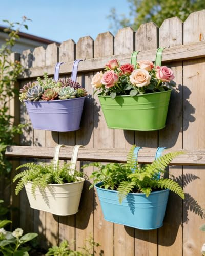 Evolpor 4Pcs Metal Iron Hanging Flower Pots, Fence Hanging Planters with Drainage Holes and Detachable Hooks, Hanging Bucket Planters for Balcony Fence Patio Garden Indoor Outdoor Home Decor