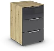 Rauch Möbel Flipp, Nachttisch, Glas Basalt/Eiche Artisan, Maße 40x61x42 cm | Nachtkommode, 3 Schubladen, mit Glasfront, Soft-Close-Funktion, für Schlafzimmer, Kinderzimmer, Jugendzimmer, Gästezimmer