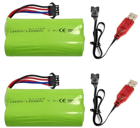 Dhqkqg 2 Stück 7,4V 1200mAh RC Akku, Wiederaufladbare Lithium-Batterien mit UBS Ladekabel SM-4P Stecker, für DE85 1:12 RC Truck XS-1S RC1-MR 1:16 Amphibisches ferngesteuertes Auto Monster Truck