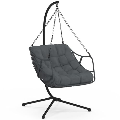 IDMarket - Hänge-Relaxsessel LOA Durchbrochene Rattan-Effekt grau mit grauem Kissen