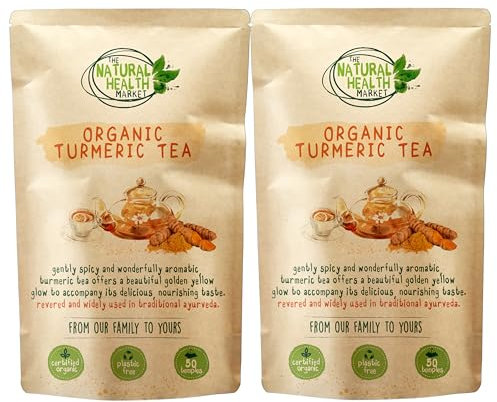 Organic Turmeric Tea Bags By The Natural Health Market | Gold Curcuma Longa Herbal Tea | Pure Turmeric Root | Plastic Free Filter Mesh and Outer Packaging (100 Bags 2 x 50 bag packs)