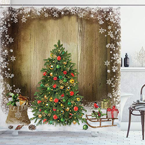 ABAKUHAUS Natale Tenda da Doccia, Presents Pino, Tessuto Set di Decorazioni per il Bagno con Ganci, per la vasca da bagno, 175 cm x 200 cm, Multicolore