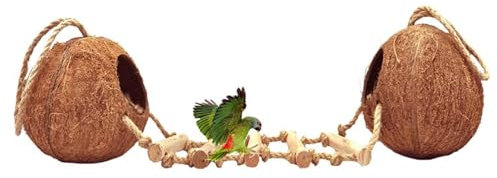 Tfwadmx Natürliches Kokosnuss-Versteck mit Leiter, Vogelzuchtnest, Kokosnuss-Muschel, hängendes Vogelhaus-Spielzeug für Papageien, Aras, Sittiche, Nymphensittiche, Finken, Kanarienvögel