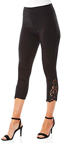 Roman Originals Lace Cropped Trousers for Women UK - Ladies Three Quarter Pants 3/4 Length Lacey Trim Stretch High Waisted Bengaline Smart Office Work Going Out Party Leggings - Black - Size 16