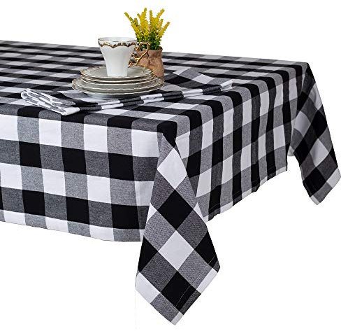Tischdecke 140x240 - Robustes Tischtuch aus Baumwolle - Hochwertige Tischdecke schwarz kariert - Table Cloth - Waschbare Stofftischdecke mit 220g/m²