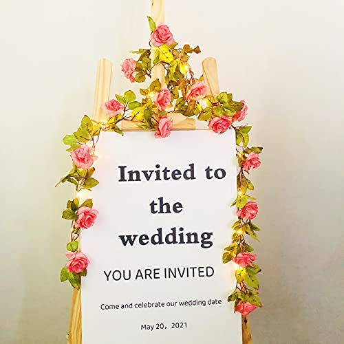 Riaxuebiy 7.5ft 20 LED String Lights 17 Head Rose Flower Artificial Ivy Fake Garland Green Leaf Plants Vine Battery Operate Fairy String Lights Hanging for Wedding Party Home Wall Decor (Pink)