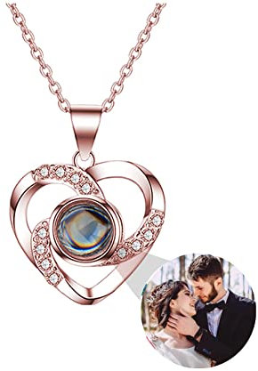 Personalisierte benutzerdefinierte Foto ich liebe dich Halskette Silber Rose Gold 100 Sprachen Projektion Anhänger Schmuck Geschenk für Mutter Frauen Frau Muttertag Halskette(Rose gold 18)