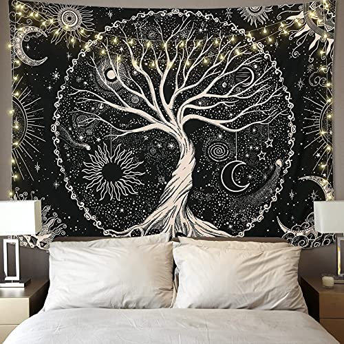 Betylifoy Baum des Lebens Tapisserie Mond und Sonne Schwarzer Wandbehang Tapisserie Psychedelisches Mandala Sternenhimmel Wandteppich Hippie Tapisserie für Schlafzimmer (130x150cm)