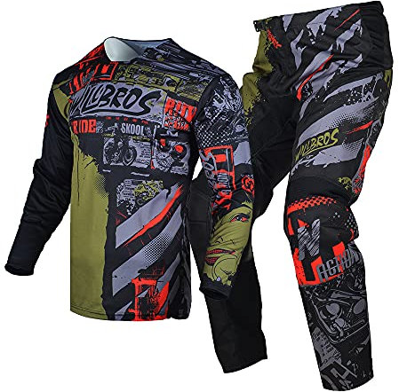 Willbros Motocross Getriebesatz Jersey Hose Combo Dirt Bike Offroad MX Reiten Radfahren Schwarz Braun (Jersey Erwachsene M/Pants W32)