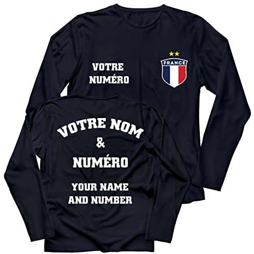 lepni.me Herren-Langarm-Fußballtrikot Frankreich-T-Shirt| Ihr Name und Ihre Nummer | Abzeichen französischer Flagge | Fußball-Europameisterschaft 2024 (XL Navi Blau Mehrfarben)