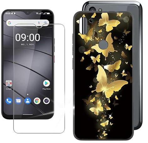 IJTYHF Gehärtetes Glas Schutzfolie Glass + Hülle Schutzhülle für Gigaset GS5 Lite (6.30) Black Silikon Flexibel Weich TPU Handyhülle Tasche Case Cover -Heller Schmetterling