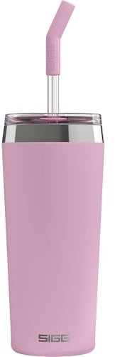 SIGG Helia Kaffeebecher to go (0.6 L), doppelwandig isolierter Thermobecher mit Glas-Strohhalm, auslaufsicherer Tumbler aus Edelstahl für heisse & kalte Getränke, Lingonberry