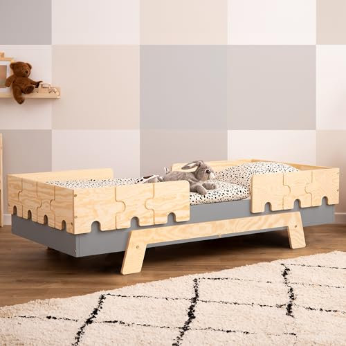 smartwood Kinderbett mit Lattenrost und Rausfallschutz Puzzle BR2 Montessori einzelbett für Jungen und Mädchen - Bett aus Kiefer Sperrholz mit Rausfallschutz und Lattenrost - Grau - 70x140 cm