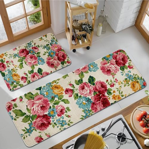 safarsa Küchenmatten für den Boden, 2-teiliges Set, Küchenteppiche und -matten, rutschfest, waschbar, Küchen-Bodenmatte (rosa rote Rosen), 43,2 x 129,2 cm + 43,2 x 76,2 cm