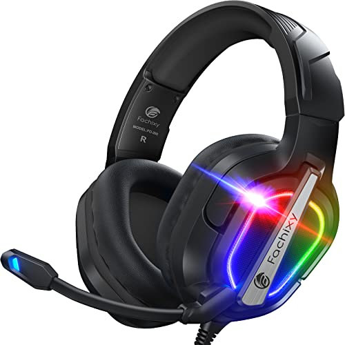 Fachixy FC200 Cascos Gaming para PS4/PS5/PC/Xbox One/Switch, Auriculares Gaming Cancelación de Ruido, Cascos con Microfono Estéreo Sonido, Cascos PS4 con 3.5mm Jack con Luz RGB (Negro)