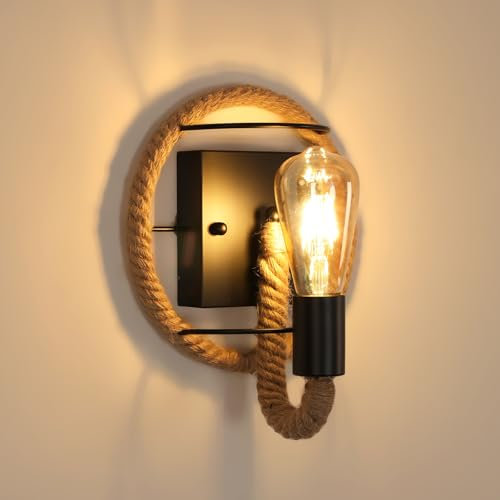 Pheashine Industrielle Retro Wandleuchte, Hanfseil Wandlampe Rustikal Vintage E27 Schwarz Metall Wandleuchte für Schlafzimmer Wohnzimmer Cafe Treppenhaus Gänge Restaurant