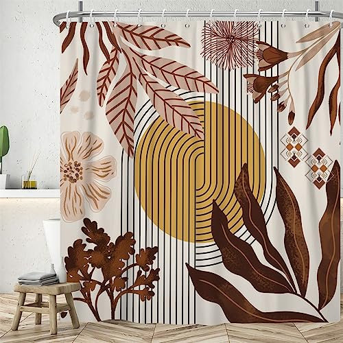 Uiiooazy Duschvorhang Boho Style, Duschvorhang 180x200cm Rosa Abstrakt Blumen Gelb Sonne Duschvorhänge Anti Schimmel Stoff Waschbar Wasserdicht Polyester Bad Vorhang mit 12 Haken für Badezimmer