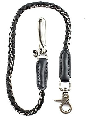 Hosenkette mit Karabiner Schlüsselkette Kellnerkette aus Leder & Stahl Brieftaschenkette 60 cm Sicherheits Wallet Chain (Schwarz)