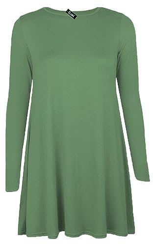 Tease Womens Plain Long Sleeve Stretch A Line Skater Flared Swing Dress Top Plus Size T-Shirt 8-26 (20, Khaki)