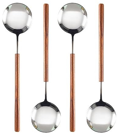 Ouliget Retro Wooden Handle Spoon,Stainless Steel Serving Tablespoons,Wooden DinnerSpoon,Silver Silverware With Brown Handle,4 Pcs.